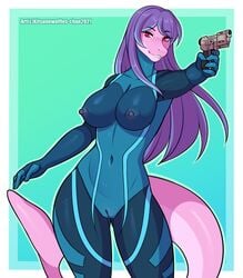 anthro blue_bodysuit bodysuit camel_toe cetacean clothing delphinoid female gun handgun kitsunewaffles-chan mammal marine nipples pistol ranged_weapon samantha_stathis science_fiction skinsuit solo tight_clothing toothed_whale translucent weapon