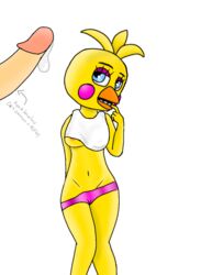 big_penis blue_eyes bra breasts finger_in_mouth five_nights_at_freddy's five_nights_at_freddy's_2 scottgames teasing teasing_breasts teasing_viewer toy_chica_(fnaf) yellow_body yellow_fur