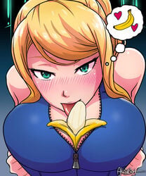 akairiot alternate_breast_size banana big_breasts bimbo blonde_hair blush boobjob casual_outfit_(metroid) cleavage donkey_kong embarrassed female funny green_eyes large_breasts licking looking_at_viewer metroid midriff nintendo no_sex ponytail samus_aran sexually_suggestive tongue_out