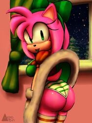 aerosin amy_rose anthro ass big_ass christmas christmas_outfit dress female furry green_eyeshadow green_lipstick hedgehog panties sonic_(series) sonic_team thighhighs