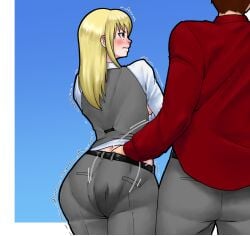 2boys ass_grab blonde_hair blushed femboy fingering groping huge_ass long_hair mangadelta maria_holic molestation red_eyes shidou_mariya size_difference standing stealth_ass_grab suit trap white_hair