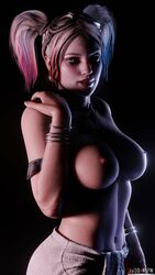 1girls 3d bangles batman_(series) boobs breasts dc dc_comics earrings female female_only goggles goggles_on_head harley_quinn harley_quinn_(injustice) injustice_2 jul3dnsfw looking_at_viewer medium_breasts multicolored_hair necklace nipples pigtails seductive shadows solo tagme tattoo tattoo_on_belly topless