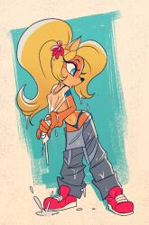 coco_bandicoot crash_(series) dripping erect_nipples nipple_bulge nipples nipples_visible_through_clothing no_bra overalls overalls_down pants_down thong wet wet_clothes