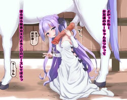 ahoge azur_lane bare_shoulders blue_eyes blush breasts bte59 censored dress eyebrows_visible_through_hair female hair_ornament hair_ribbon high_heels horse horse_penis horsecock huge_cock indoors long_hair looking_at_viewer mosaic_censoring open_mouth penis precum purple_hair ribbon small_breasts speech_bubble stable straight tears unicorn_(azur_lane) v very_long_hair white_legwear zoophilia