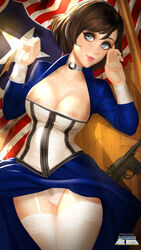 areolae big_breasts bioshock bioshock_infinite blue_eyes bolero breasts brown_hair busty choker cleavage corset elizabeth_comstock female female_focus female_only garter_belt hourglass_figure nipple_slip nipples panties pubes pubic_hair pussy see-through see-through_panties short_hair skirt solo stockings tagme thepixelbuster vagina wide_hips