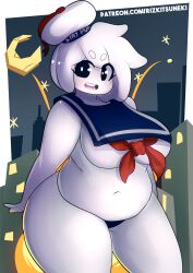 1girls big_breasts breast chubby chubby_female city eyebrows_visible_through_hair female female_only ghostbusters giantess glistening glistening_body looking_at_viewer miiyauwu mr._stay_puft open_mouth rizkitsuneki rule_63 sailor_collar sailor_hat solo solo_female thick_thighs white_body white_hair