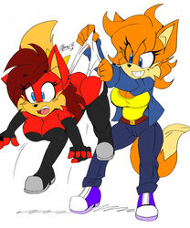 2girls akatsukishiranui-fox anthro ass big_ass big_breasts blue_eyes boots bullying busty fan_character female fiona_fox fox hanging_wedgie lifted lifting mole_on_breast orange_fur orange_hair panties panty_lift panty_pull prank red_fur red_hair sonic_(series) surprise surprised wedgie