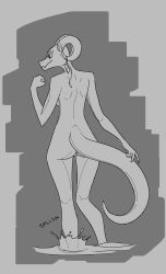 anthro argonian ass bethesda_softworks breasts female full-length_portrait genitals hi_res horn horn_jewelry horn_ring madmanransom monochrome nude onomatopoeia portrait pussy ralanee_(madmanransom) rear_view ring_(jewelry) scalie side_boob slim small_waist solo sound_effects text the_elder_scrolls video_games water wide_hips