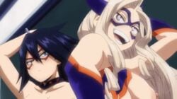 2girls animated arms_up ass black_hair blonde_hair blue_eyes blush bouncing_breasts collarbone curvy functionally_nude hair_between_eyes hand_on_hip japanese_text jiggle large_breasts long_hair mask midnight_(my_hero_academia) mount_lady multiple_girls my_hero_academia nemuri_kayama nipples nude nude_filter pussy s10collage screencap shounen_jump sideboob smile smiling smiling_at_viewer thick_thighs thighs third-party_edit uncensored yellow_eyes yuu_takeyama