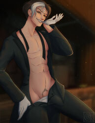 abs ascian biting_glove black_hair emet-selch final_fantasy final_fantasy_xiv formal_attire formal_clothes formal_wear garlean gloves male male_only open_shirt pecs penis_bulge pubes pulling_down_pants pulling_off_glove revealing_penis short_hair silvyr solo_male suit suit_jacket tailcoat treasure_trail two-tone_hair white_highlights yellow_eyes