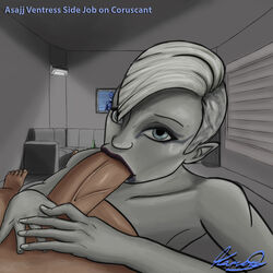 1boy 1girls alien alien_girl alternate_hairstyle artist_name asajj_ventress background blinds blowjob blue_eyes commentary completely_nude coruscant dark_disciple dathomiri detailed_background duo ears english_text eyeliner eyes facial_tattoo fellatio female grey_skin hands human indoors interspecies kartez light_blue_eyes lips lipstick looking_at_viewer lying makeup male male_pov nude nude_female nude_male on_back on_stomach open_eyes oral partial_male penis pov prostitution sex short_hair star_wars straight tattoo television text veiny_penis violet_lipstick white_hair white_skin window