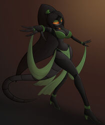 anthro belly_dancer belly_dancer_outfit big_breasts bra breasts chaos_croc dancing female glowing glowing_eyes heeled_feet hi_res high_heels lizard loincloth long_legs machine reptile robot scalie seductive sinister solo villainess xyotic