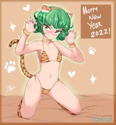 1girls 2022 animal_ears bikini blush chenki claw_pose dated fake_animal_ears female full_body green_eyes green_hair happy_new_year kneehighs kneeling micro_bikini one-punch_man short_hair small_breasts smaller_female solo tail tatsumaki thighs tiger_print year_of_the_tiger