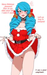 1girls blue_eyes blue_fingernails blue_nails censored christmas christmas_outfit dialogue dress dress_lift female female_only gwen_(league_of_legends) hudak league_of_legends nail_polish open_mouth pussy solo text turquoise_eyes