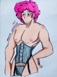 1boy artist_name artist_signature biceps blush bulge clothed crossdressing dyed_hair invictor lingerie looking_down los_compas male_only manly manly_crossdresser mcyt muscular muscular_male nervous nipples pecs pectorals penis_bulge pink_hair pubes solo surprised tagme traditional_media traditional_media_(artwork) youtube youtube_hispanic youtuber