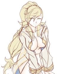 1girls alternate_hairstyle blonde_hair breasts cleru_(cleruuuuu) coat collarbone covering crossed_legs female female_only fire_emblem fire_emblem_heroes green_eyes human large_breasts light-skinned_female light_skin long_hair naked_coat nintendo ponytail sharena_(fire_emblem) smile solo video_games