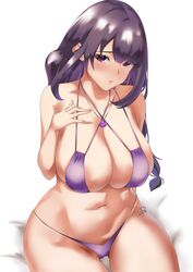 1girls absurdres bangs bare_shoulders belly_button bikini bikini_bottom bikini_top blush breasts cleavage collarbone female genshin_impact hand_on_breast harstfazn highres hips huge_breasts large_breasts long_hair looking_at_viewer micro_bikini micro_bikini_top midriff necklace plain_background purple_bikini purple_bikini_bottom purple_bikini_top purple_eyes purple_hair raiden_shogun shoulders simple_background sitting solo thick thick_thighs thigh_gap thighs thong thong_bikini vision_(genshin_impact) waist white_background wide_hips