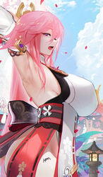 1girls absurdres arched_back armpit_pose armpits arms_up ass bangs breasts butt cloud detailed_background drooling dubious_consent female fox_ears fox_girl genshin_impact hair_between_eyes hair_ornament highres huge_breasts kitsune kitsunemimi large_breasts long_hair looking_away mouth_open omone_hokoma_agm open_mouth pink_hair purple_hair questionable_consent saliva side_view sideboob sky slim_waist small_waist solo sweat sweatdrop sweaty sweaty_armpits tagme thick thick_ass thick_thighs thighs tongue vision_(genshin_impact) waist yae_miko