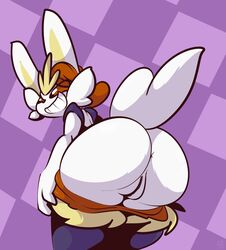 1-upclock 2022 absurd_res anthro anthrofied anus ass bent_over big_ass big_butt blue_body blue_fur bottomwear bubble_ass bubble_butt checkered_background cinderace close-up clothed clothing female fur furry furry_only genitals grin hi_res lagomorph mammal mooning nintendo olga_(1-upclock) pants pants_down partially_clothed pattern_background pokémon_(species) pokemon pokemon_(species) presenting presenting_anus presenting_hindquarters presenting_pussy pussy rear_view red_body red_bottomwear red_clothing red_fur red_hair red_pants red_pussy red_sclera simple_background smile solo tail thick_thighs video_games white_body white_eyes white_fur yellow_body yellow_fur yellow_inner_ear