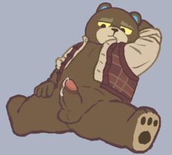 animal_crossing anthro balls belly bodily_fluids brown_body brown_fur chibi erection fur genital_fluids genitals grizzly_(animal_crossing) hi_res irohachimitsu male male_only mammal nintendo penis precum slightly_chubby solo spread_legs spreading ursid video_games