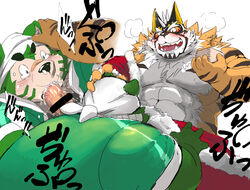 abs anthro balls bandana blush bodily_fluids canid canine canis cum cum_from_nose cum_in_mouth cum_in_nose cum_inside domestic_dog duo erection exe_exem felid fur genital_fluids genitals green_body green_fur irrumatio japanese_text kerchief lifewonders live-a-hero male male/male mammal mokdai muscular muscular_anthro muscular_male nipples oral pantherine pawpads pecs penile penis ryekie_(live_a_hero) sex striped_body striped_fur stripes text tiger video_games