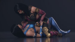 2girls 3d athletic_female black_hair breasts clone clonecest closed_eyes clothed female female_only hair_down hd heel_boots interspecies kitana kiteena mileena monster_girl mortal_kombat mortal_kombat_x ninja nocskylark pinned_down riding stockings suggestive yuri