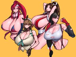 4girls atelier_(series) atelier_ryza big_breasts bikini black_hair brown_hair clothed fatal_fury female_only final_fantasy final_fantasy_vii huge_breasts king_of_fighters long_hair mai_shiranui multiple_girls ponytail red_eyes red_hair reisalin_stout sideboob tengen_toppa_gurren_lagann tifa_lockhart wolffeld wolffeld_price yoko_littner