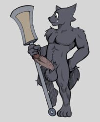 black_body black_eyes black_fur brown_penis canid canine canis fours_(artist) fur genitals glaive hi_res male male_only mammal melee_weapon muscular muscular_male penis polearm pubes rex_(fours) solo_male warg_(fours) weapon wolf