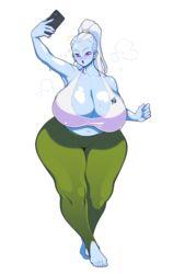 airpods angel_(dragon_ball) belly belly_button blue_skin blush body_heat bunkwizard cameltoe cellphone dragon_ball dragon_ball_super feet huge_ass huge_breasts nipples_visible_through_clothing painted_nails painted_toenails ponytail purple_eyes selfie smartphone surprised sweat sweaty_breasts taking_picture taking_selfie tights vados venus_body white_hair wide_hips workout_clothes yoga_pants