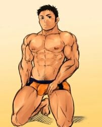 1boy abs bara biceps big_brother black_eyebrows black_eyes black_hair bodybuilder boxers boxers_(clothing) bulge bulge_through_clothing crotch haikyuu!! happy_trail jock kneeling light-skinned_male light_skin male male_focus male_nipples male_only masateruteru muscles muscular muscular_male on_knees open_legs orange_boxers orange_underwear pecs quads sawamura_daichi senpai smooth_skinned_male softcore solo spiked_hair terujirou terujirou_(masateruteru) thick_legs thick_thighs thighs underwear underwear_only veiny_arms yellow_background