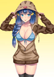 1girls :p bikini bikini_under_clothes blue_bikini blue_eyes blue_hair blush braid breasts clothed clothing cosplay dawn_(pokemon) front-tie_bikini game_freak gradient_background hairclip hooded_jacket hoodie nintendo partially_unzipped pokemon pokemon_(cosplay) pokemon_dppt single_braid smile solo solo_female striped striped_bikini swinub_(cosplay) takecha thigh_gap tongue_out unzipped_jacket yellow_background