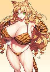 alternate_breast_size alternate_costume arknights big_breasts bikini blonde_hair cat_ears catgirl cleavage curvy drill_hair female green_eyes hand_on_hip huge_breasts long_gloves long_hair looking_at_viewer melon22 muscular muscular_female muscular_thighs pale-skinned_female pale_skin sweatdrop swire_(arknights) tiger_ears tiger_print tiger_tail year_of_the_tiger