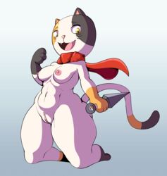 anthro breasts domestic_cat doodle_champion_island_games felid feline felis female fours_(artist) genitals google google_doodle hi_res kunai lucky_(google) mammal ninja pussy scarf shortstack solo thick_thighs warrior weapon