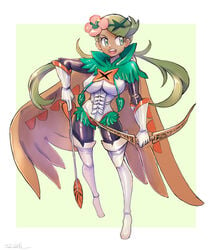 1girls archery arrow_(projectile) bow_(weapon) bow_and_arrow breasts clothed clothing cosplay decidueye_(cosplay) female female_only game_freak green_eyes green_hair holding_object holding_weapon leotard mallow_(pokemon) nintendo oomasa_teikoku open_mouth pokemon pokemon_(cosplay) pokemon_sm solo weapon