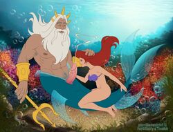 1boy 1girls abs ariel beard bra_only cum disney disney_princess erection father_and_daughter guerillasquirrel hand_on_head imminent_fellatio imminent_oral incest king_triton muscular_male penis red_hair riding the_little_mermaid underwater white_hair