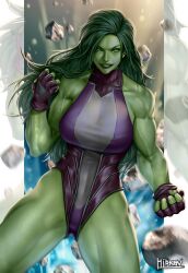 1girls 2022 artist_name biceps big_breasts clothed colored_skin female female_only fingerless_gloves gloves green-skinned_female green_body green_eyes green_hair green_skin hibren highleg_leotard highres hulk_(series) large_breasts long_hair marvel marvel_comics muscles muscular muscular_female she-hulk solo superheroine thick_thighs triceps veins veiny_arms veiny_muscles