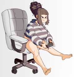 1girls asian_latina beehive_hairdo big_breasts black_hair breasts chair command_grab controller female female_only gaming large_breasts light-skinned_female light_skin nuclearwasabi playstation_controller sitting solo solo_female sweatdrop tagme tied_hair video_games