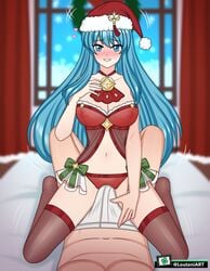 1girls bangs bare_shoulders bare_thighs blue_eyes blue_hair blush breasts christmas christmas_outfit cleavage eirika_(fire_emblem) eirika_(winter)_(fire_emblem) female_focus fire_emblem fire_emblem:_the_sacred_stones fire_emblem_heroes grin grinding kneeling large_breasts lingerie long_hair looking_at_viewer loutaniart male_pov negligee nintendo on_bed panties pov red_panties smile solo_focus thighhighs thighs unseen_male_face very_long_hair window