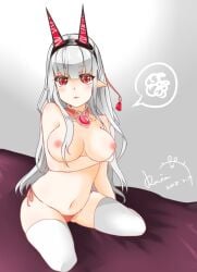 arm_under_breasts aura_kingdom blush breasts female fox_ears hair_ornament kitsune kotonoha_(aura_kingdom) legwear looking_at_viewer necklace nipples nude_female pointy_ears posing red_eyes red_panties topless topless_female white_hair