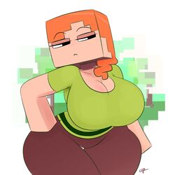 1girls alex_(minecraft) black_eyes breasts busty child_bearing_hips cleavage clothed clothing curvaceous curvy expressionless female female_only frown fully_clothed half-closed_eyes hand_on_hip huge_breasts jeans large_breasts minecraft orange_hair ota_(artist) pants redhead seductive seductive_eyes seductive_gaze seductive_look seductive_pose simple_background solo solo_female square_head t-shirt thick_thighs unamused voluptuous watermark wide_hips