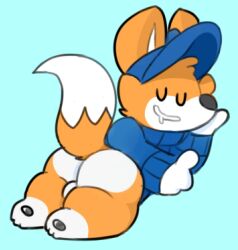 anthro balls bodily_fluids canid canine clothing drooling fox genitals hat headgear headwear male mammal pawpads rear_view saliva sleeping solo spaghettithefox spapocalypse sweater topwear