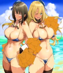 2girls ;d aqua_eyes atago_(kantai_collection) bikini black_hair black_legwear blonde_hair blue_bikini blue_sky blush breasts cameltoe cleavage cloud covered_nipples dark-skinned_female dark_skin day detached_collar goshiki_suzu groin hat kantai_collection large_breasts long_hair looking_at_viewer micro_bikini multiple_girls navel one_eye_closed open_mouth outdoors pom_pom_(cheerleading) short_hair sky smile swimsuit takao_(kantai_collection) tan tanlines thighhighs water