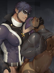 2boys against_glass ass bara bare_pectorals beard blush bodysuit bottomless censored chest_hair clothes_lift covered_abs covered_nipples dark-skinned_male dark_skin erection facial_hair goggles gorou_naoki grabbing_another's_chin hand_on_another's_chin imminent_anal imminent_penetration large_pectorals male_focus male_only male_pubic_hair mature_male mosaic_censoring multiple_boys muscular muscular_male nipples original pecs_on_glass pectoral_press pectorals penis penis_on_ass pubic_hair purple_bodysuit purple_hair reward_available shirt_lift short_hair sideburns yaoi