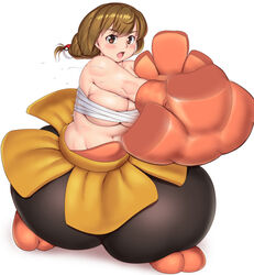 1girls action_pose big_breasts blush breasts brown_eyes brown_hair cosplay game_freak hariyama_(cosplay) huge_breasts large_breasts mahouka_koukou_no_rettousei nintendo ono_haruka orizen oversized_gloves pokemon pokemon_(cosplay) pose sarashi solo solo_female sweat thick white_background