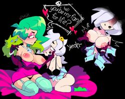 2girls areolae ass black_lipstick brawl_stars breasts breasts_out bukhlik clothing colette_(brawl_stars) dialogue female female_only green_hair hair_over_one_eye hand_on_cheek heart light-skinned_female light_skin lipstick lipstick_mark lola_(brawl_stars) multiple_girls necklace nipples on_bed on_knees pearl_necklace sitting stockings supercell text thighhighs thong touching_breast white_hair yuri