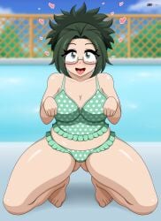 1girls aizalter begging_pose big_breasts big_thighs blush breasts busty female female_only glasses green_hair himiko_agari huge_thighs komi-san_wa_komyushou_desu large_thighs massive_thighs solo solo_female swimming_pool swimsuit thick_thighs thighs tongue tongue_out