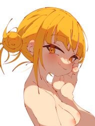 backlighting bangs blonde_hair blunt_bangs blush breasts cleavage closed_mouth collarbone completely_nude double_bun eyebrows_visible_through_hair female from_side hand_on_own_cheek hand_on_own_face hand_up highres himiko_toga inverted_nipples looking_at_viewer looking_to_the_side medium_breasts messy_hair my_hero_academia narrowed_eyes nipples nude oerba_yun_fang rasusurasu simple_background skin_fang smile solo thick_eyelashes tsurime upper_body white_background yellow_eyes