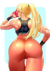 1girls ass back blonde_hair blue_background border bottle bra closed_eyes clothing cowboy_shot drinking dumbbell_nan_kilo_moteru? female ge_xi high_resolution holding holding_bottle muscle muscular_female ponytail sakura_hibiki_(dumbbell_nan_kilo_moteru?) simple_background solo sports_bra sweat tied_hair two-tone_background underwear water_bottle white_border