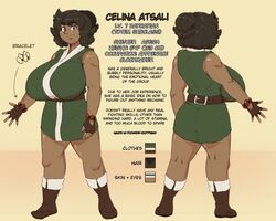 1girls 2021 barbarian belt belt_buckle big_breasts boots bottomwear bracelet breasts brown_eyes brown_hair brown_skin celina_(sosoni) character_profile character_sheet clothed clothing cute dark-skinned_female dark_skin dungeons_and_dragons english_text female female_focus female_only front_view fully_clothed gloves green_topwear hair hair_bun huge_breasts large_breasts looking_at_viewer rear_view reference_image reference_sheet short_hair smile solo solo_female solo_focus sosoni text top_heavy topwear