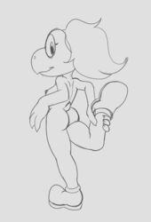 anthro ass black_and_white breasts clothing female footwear fours_(artist) hand_on_leg hi_res koopa koopie_koo looking_at_viewer mario_(series) mostly_nude nintendo paper_mario reptile scalie shoes side_boob solo straight_hair stretching turtle video_games